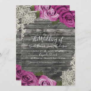 Invitation Mariage de dentelle en bois rose rose de Fuchsia