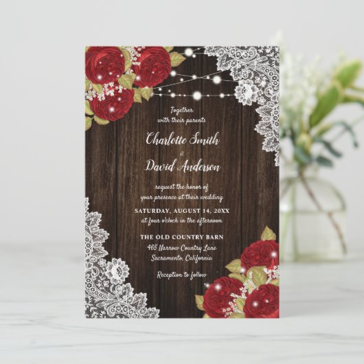 Invitation Mariage de dentelle en bois rouge rustique (Debout devant)