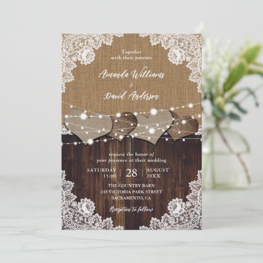 Invitation Mariage de dentelle en bois rustique (Debout devant)