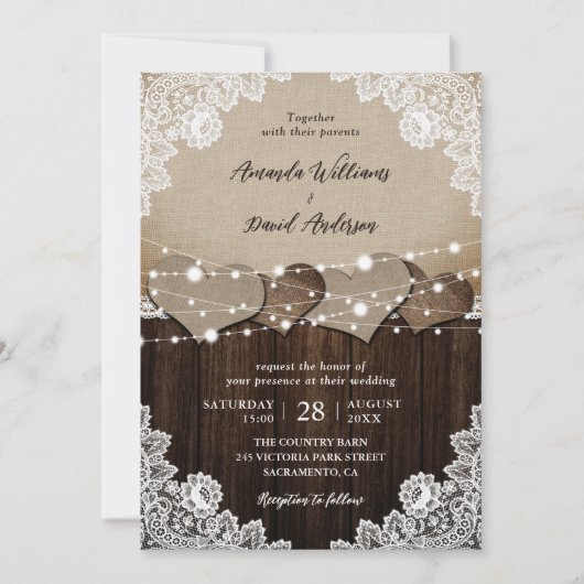 Invitation Mariage de dentelle en bois rustique (Devant)