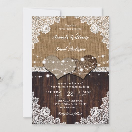 Invitation Mariage de dentelle en bois rustique (Devant)