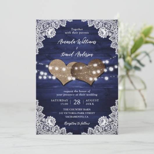 Invitation Mariage de dentelle en bois rustique bleu marine (Debout devant)