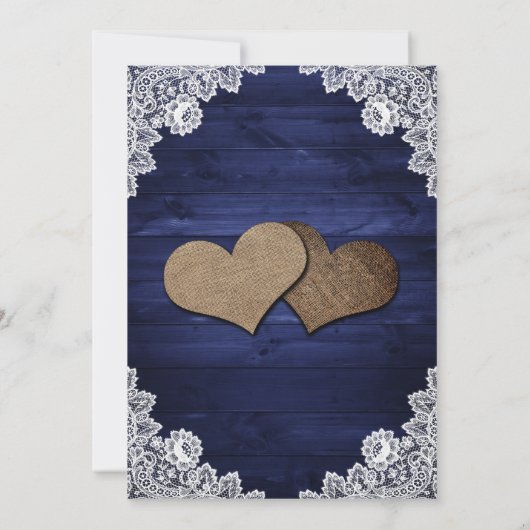 Invitation Mariage de dentelle en bois rustique bleu marine (Dos)