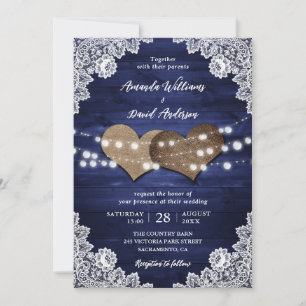 Invitation Mariage de dentelle en bois rustique bleu marine