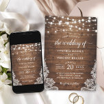 Invitation Mariage de dentelle en bois rustique Twinkle<br><div class="desc">Célébrez votre histoire d'amour avec ce Rustic Wood Twinkle String Lights Faire-part de mariage. Cette invitation capte l'élégance rustique d'une fête boisée, mettant en valeur une belle combinaison de textures de bois, de lumières scintillantes à cordes et d'accents de dentelle. Le modèle personnalisable vous permet d'ajouter votre touche personnelle à...</div>