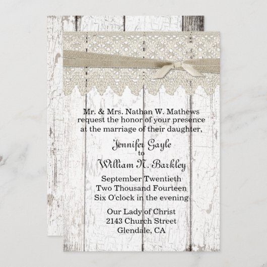 Invitation Mariage de dentelle et bois blanchi blanc de Shabb (Devant / Derrière)