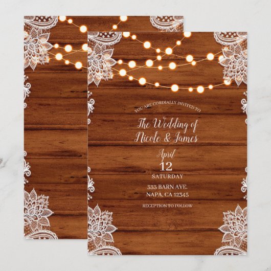 Invitation Mariage de dentelle et de cordes en bois rustique (Devant / Derrière)