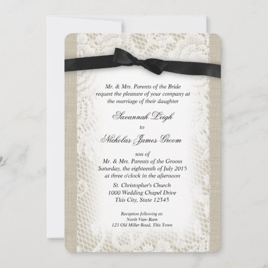 Invitation Mariage de dentelle et de mâchoire noir et blanc (Devant)