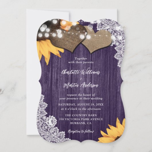 Invitation Mariage de dentelle fleurie de tournesol violet (Devant)