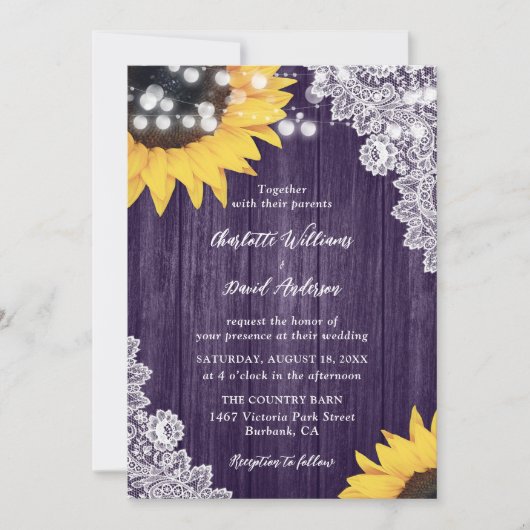 Invitation Mariage de dentelle fleurie de tournesol violet (Devant)