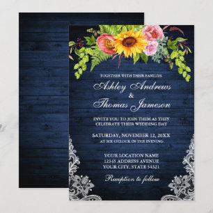 Invitation Mariage de dentelle fleurie en bois bleu rustique