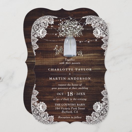 Invitation Mariage de dentelle fleurie en bois de jarre pour (Devant / Derrière)