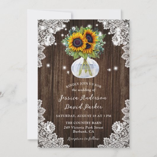 Invitation Mariage de dentelle fleurie en bois de tournesol (Devant)