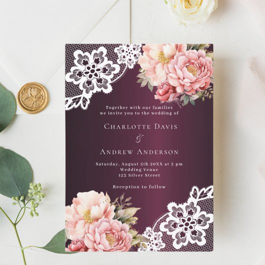 Invitation Mariage de dentelle fleurie rose de Bourgogne