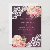 Invitation Mariage de dentelle fleurie rose de Bourgogne (Devant)
