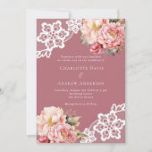 Invitation mariage de dentelle fleurie rose or rose (Devant)