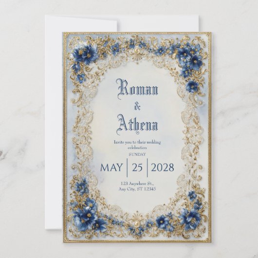 Invitation Mariage de dentelle Floral Bleu et Or (Devant)