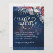 Invitation Mariage de dentelle florale bleu Bourgogne intempo (Devant)