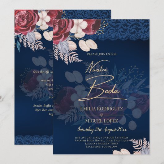 Invitation Mariage de dentelle florale bleu Bourgogne moderne (Devant / Derrière)