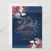 Invitation Mariage de dentelle florale bleu Bourgogne moderne (Devant)