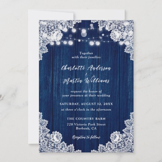 Invitation Mariage de dentelle florale bleu marine (Devant)