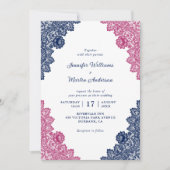 Invitation Mariage de dentelle florale bleu marine et rose ru (Devant)