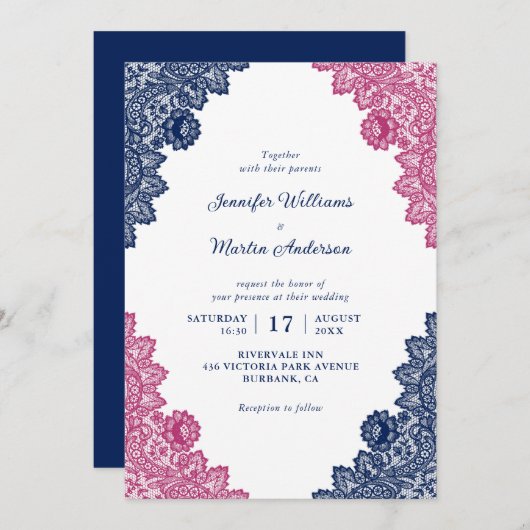 Invitation Mariage de dentelle florale bleu marine et rose ru (Devant / Derrière)
