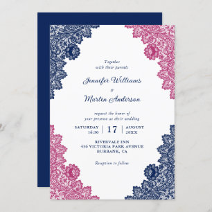 Invitation Mariage de dentelle florale bleu marine et rose ru