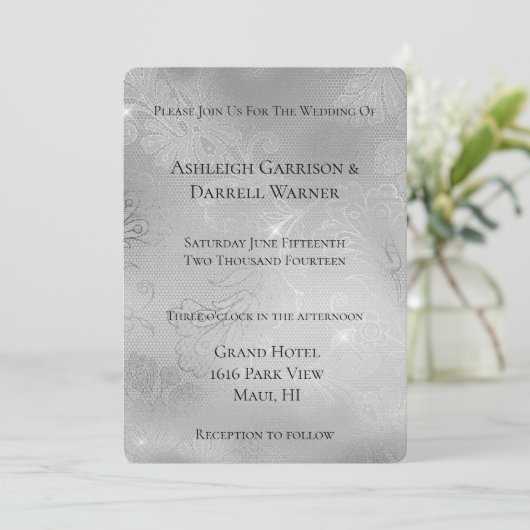 Invitation Mariage de dentelle florale d'argent romantique (Debout devant)