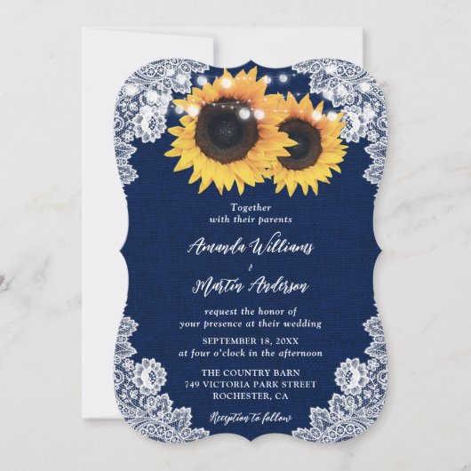 Invitation Mariage de dentelle florale de la Marine (Devant)
