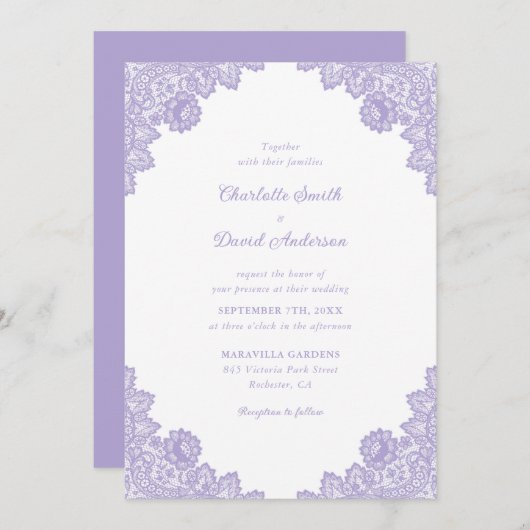 Invitation Mariage de dentelle florale de lavande (Devant / Derrière)