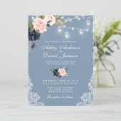 Invitation Mariage de dentelle florale rose-bleu foncé (Debout devant)