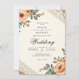 Invitation Mariage de dentelle florale rustique