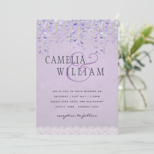 Invitation Mariage de dentelle moderne violet (Debout devant)