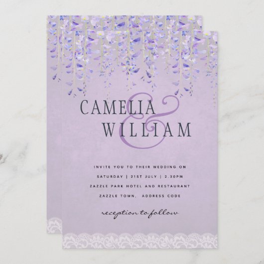 Invitation Mariage de dentelle moderne violet (Devant / Derrière)