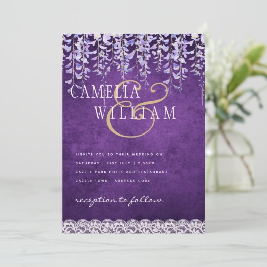 Invitation Mariage de dentelle moderne violet (Debout devant)
