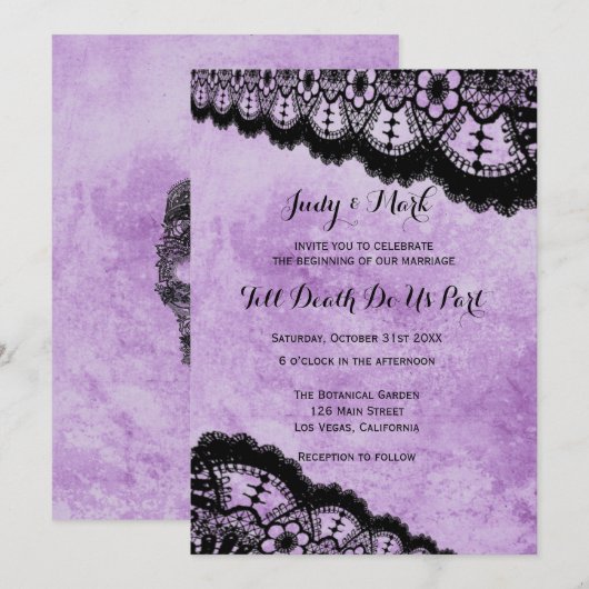 Invitation Mariage de dentelle noire gothique violet Grunge (Devant / Derrière)