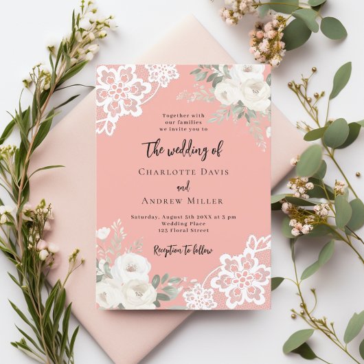 Invitation Mariage de dentelle rose corail