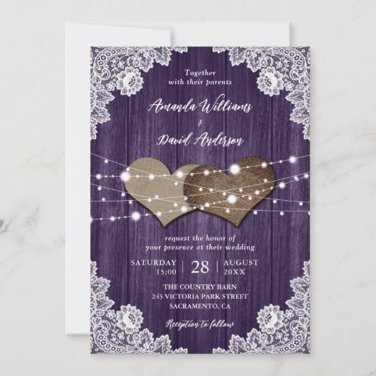 Invitation Mariage de dentelle Russe violet en bois (Devant)