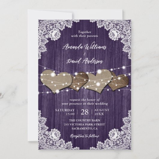 Invitation Mariage de dentelle Russe violet en bois (Devant)