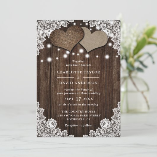 Invitation Mariage de dentelle Rustique Burlap (Debout devant)