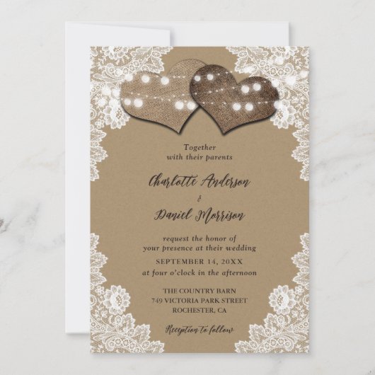 Invitation Mariage de dentelle Rustique Kraft (Devant)