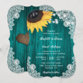 Invitation Mariage de dentelle turquoise de tournesol en bois (Devant / Derrière)