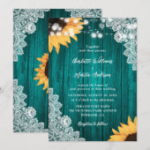 Invitation Mariage de dentelle turquoise de tournesol en bois (Devant / Derrière)