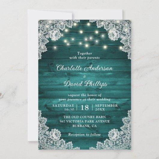 Invitation Mariage de dentelle Turquoise en bois rustique (Devant)