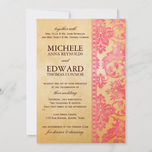 Invitation Mariage de dentelle vintage rose Damask (Devant)