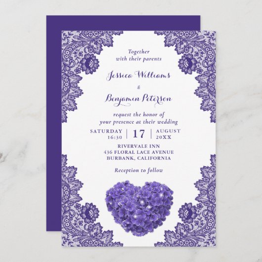 Invitation Mariage de dentelle violette rustique personnalisé (Devant / Derrière)