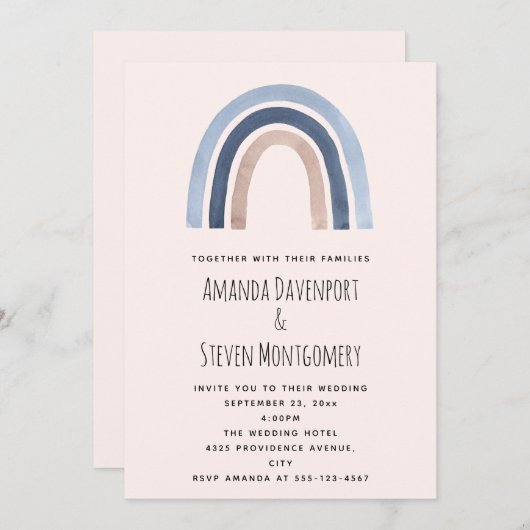 Invitation Mariage de design Boho bleu et arc-en-ciel (Devant / Derrière)