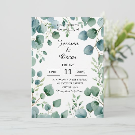 Invitation Mariage de design Eucalyptus couleur douce (Debout devant)