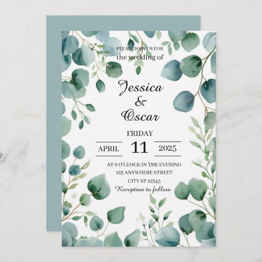 Invitation Mariage de design Eucalyptus couleur douce (Devant / Derrière)